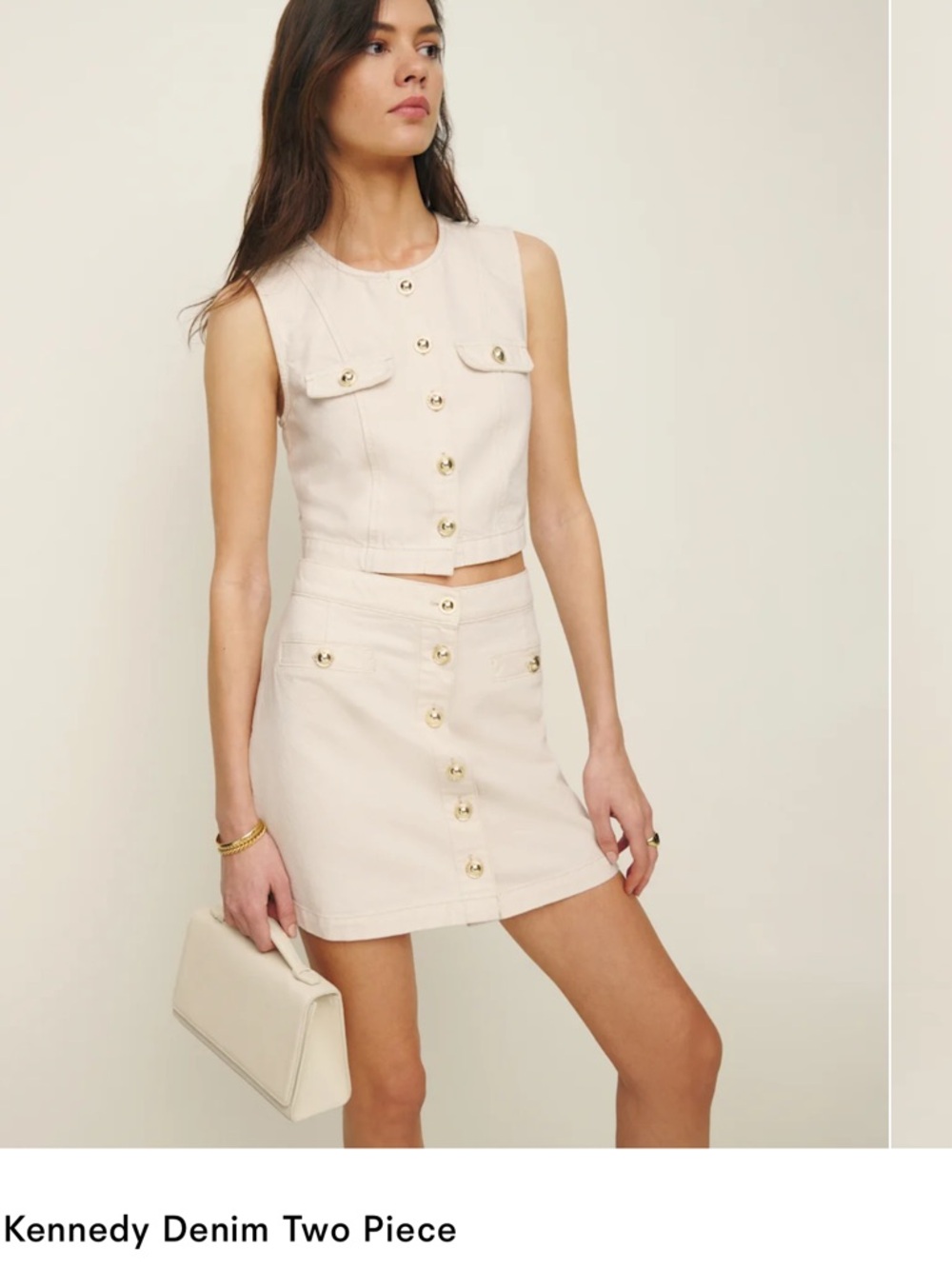 Reformation Kennedy 2 piece denim set. Cream Button-Front Mini Skirt and vest